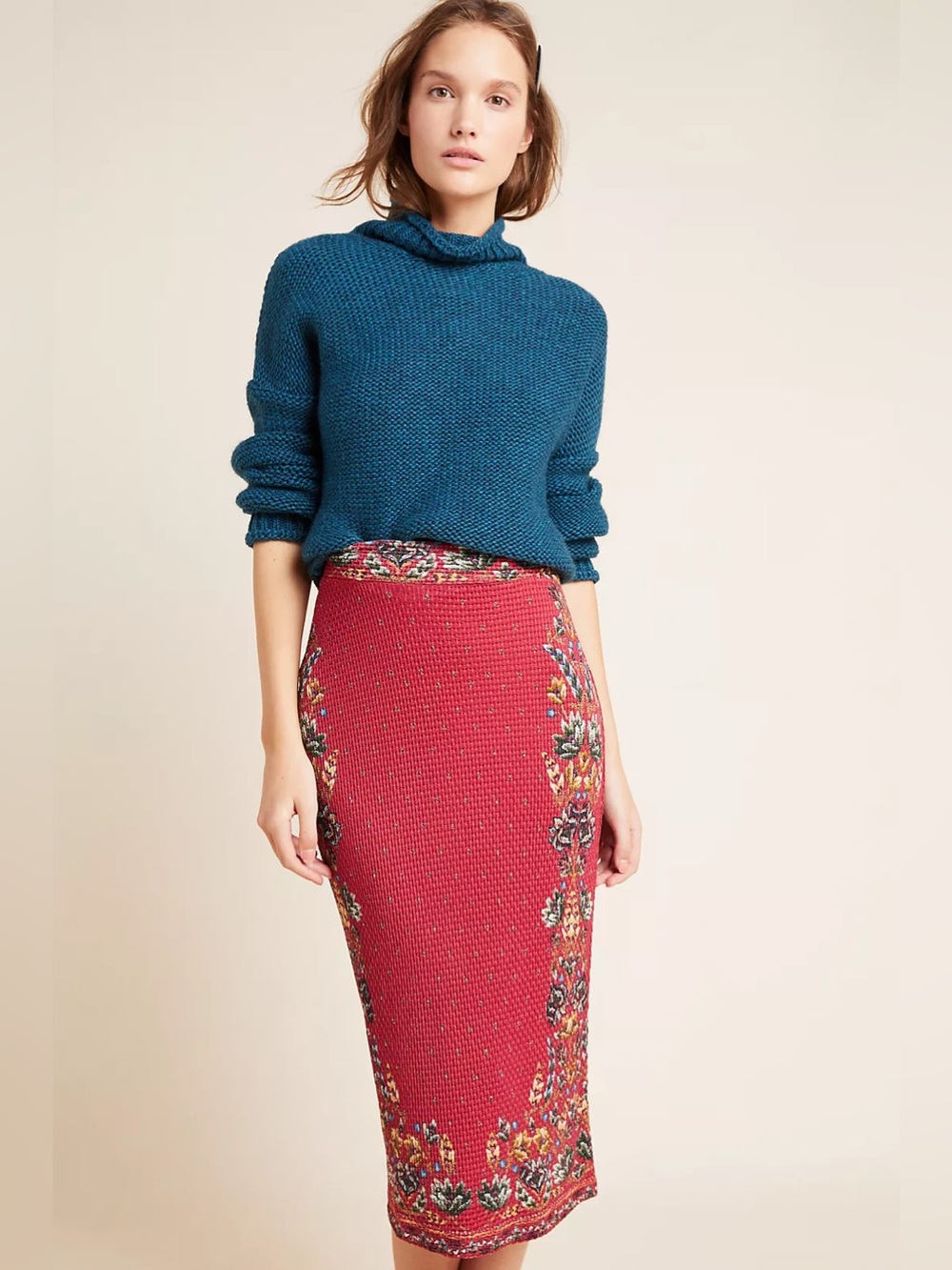 Farm Rio Anthropologie Catalina Knit Midi Pencil Skirt Floral Boho Red XS